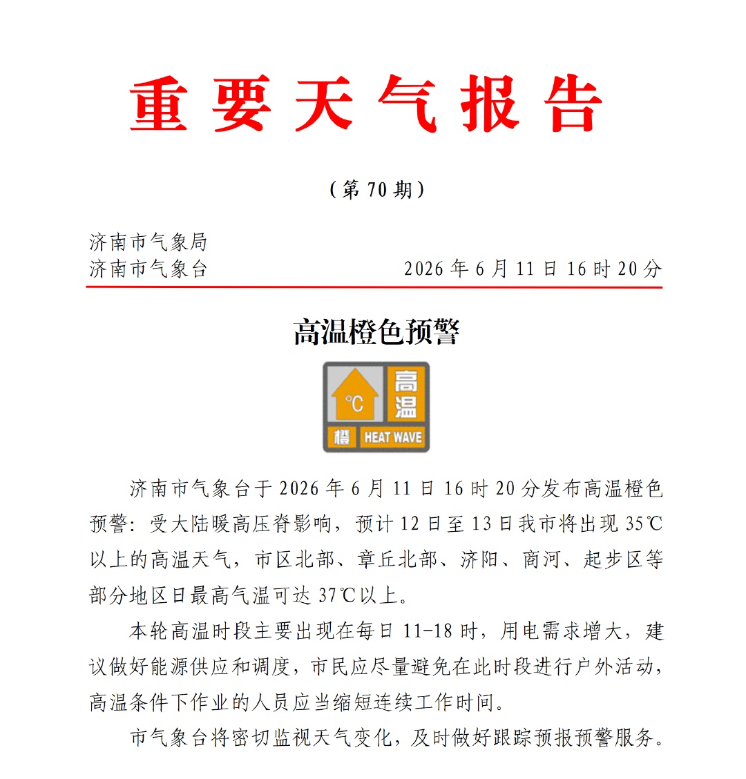 济南发布高温橙色预警 !中考天气出炉,期间有两次降水→ 济南发布高温橙色预警 !中考天气出炉,期间有两次降水→