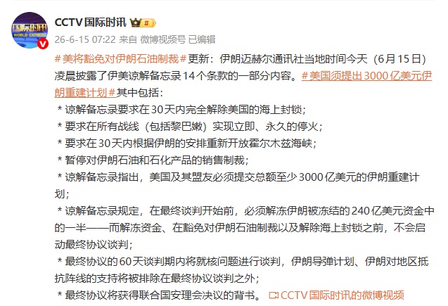 伊美谅解备忘录14个条款部分内容披露;国际油价显著下跌 伊美谅解备忘录14个条款部分内容披露;国际油价显著下跌