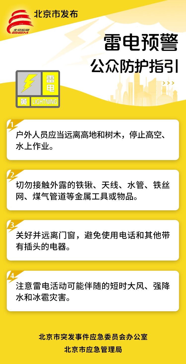 局地短时雨强较大+7级短时大风+冰雹,北京发布雷电黄色预警,请市民注意防范 局地短时雨强较大+7级短时大风+冰雹,北京发布雷电黄色预警,请市民注意防范
