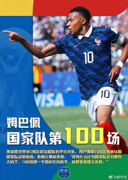 姆巴佩第100次身披法国国家队战袍出场