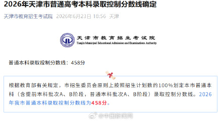 2026天津高考分数线公布