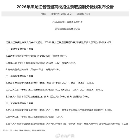 黑龙江2026年高考分数线公布