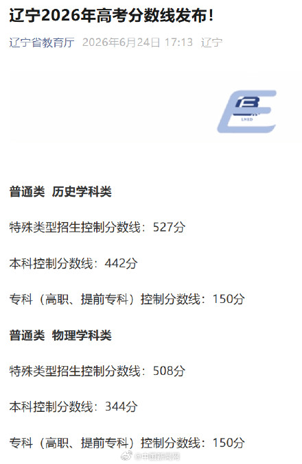 辽宁高考分数线公布