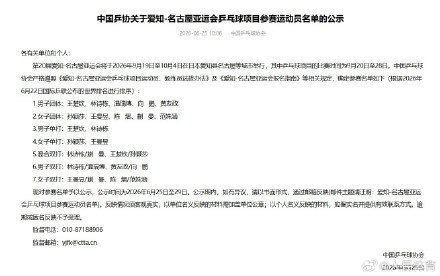 国乒亚运会参赛名单公示