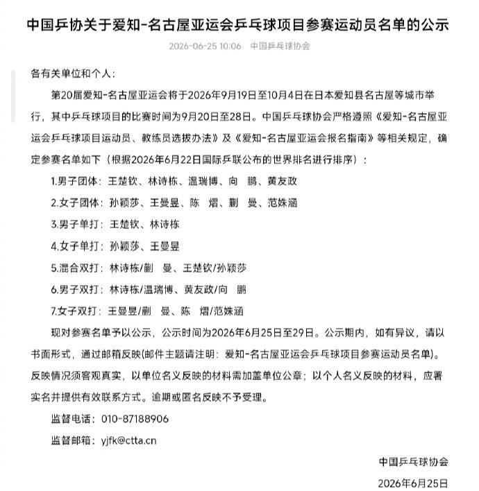 国乒亚运参赛名单公示