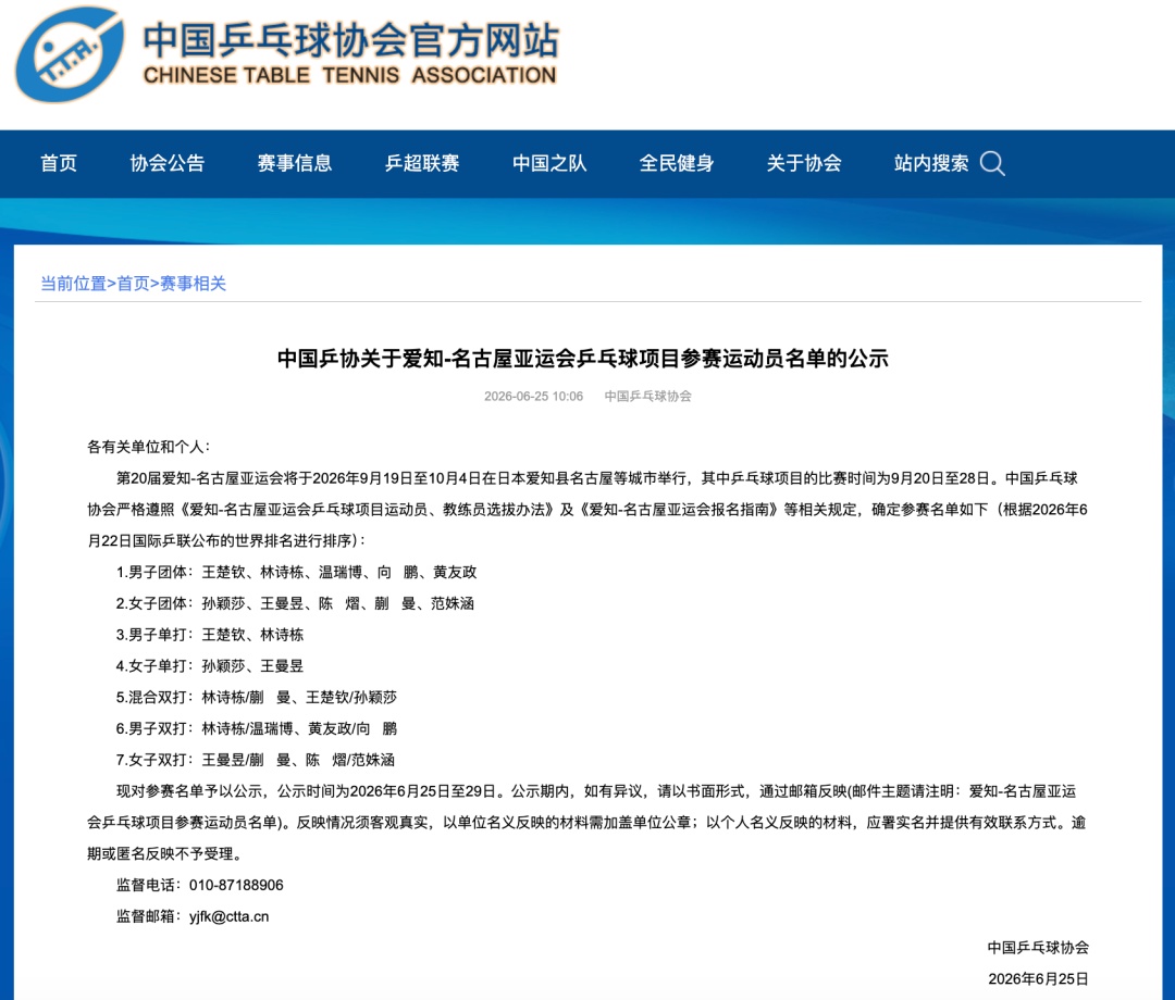 国乒亚运参赛名单公示，王楚钦、孙颖莎等在列；梁靖崑缺席，原因披露
