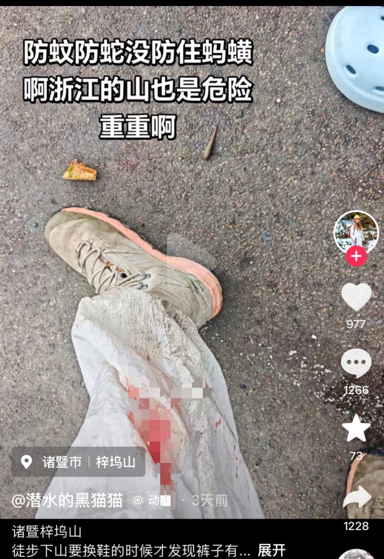 “当时毫无察觉，血渗了7个多小时！”女子去山里徒步，下山时发现腿上一大片血迹！
