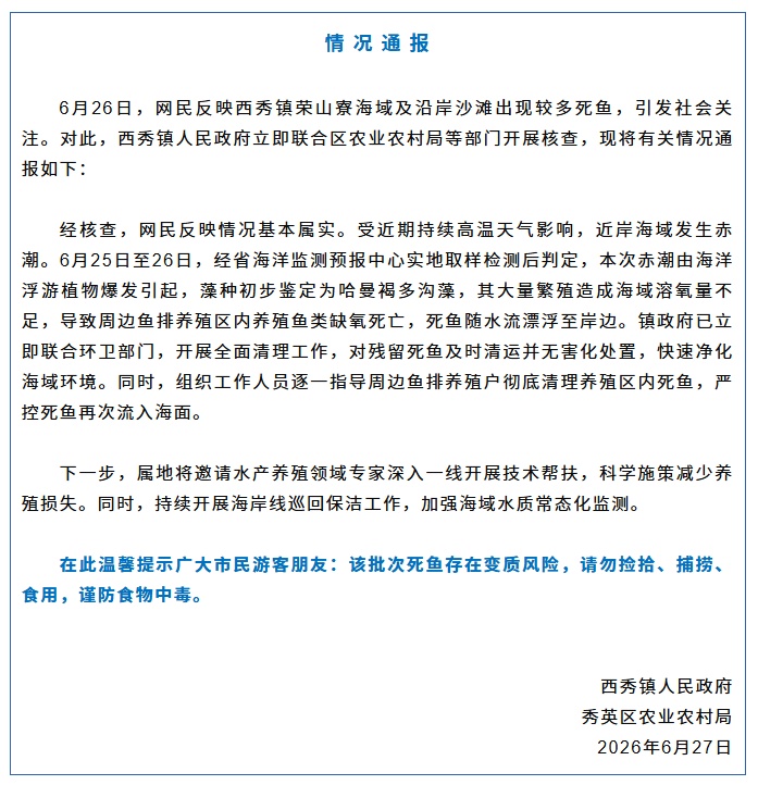 海口荣山寮海域及沿岸出现较多死鱼，官方通报