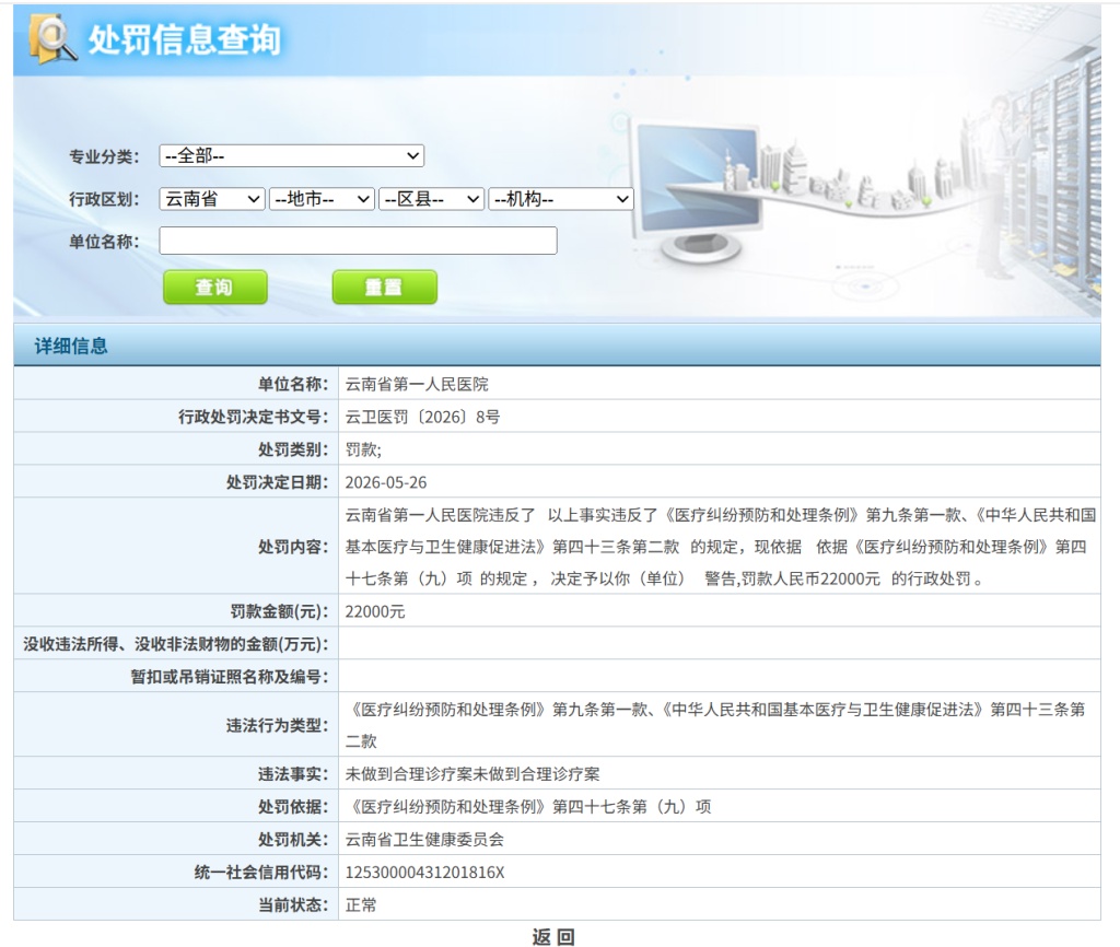 云南卫健委拒绝公开8份行政处罚文书