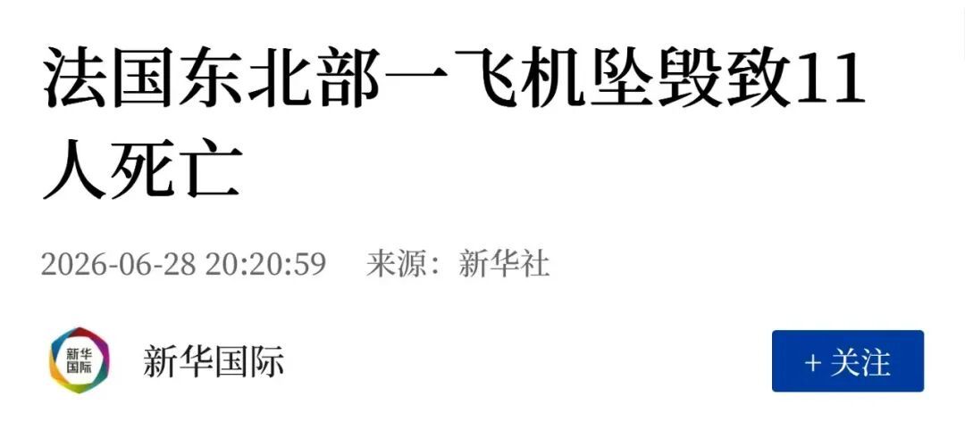法国东北部一飞机坠毁，机上11人死亡，失事飞机常用于跳伞训练