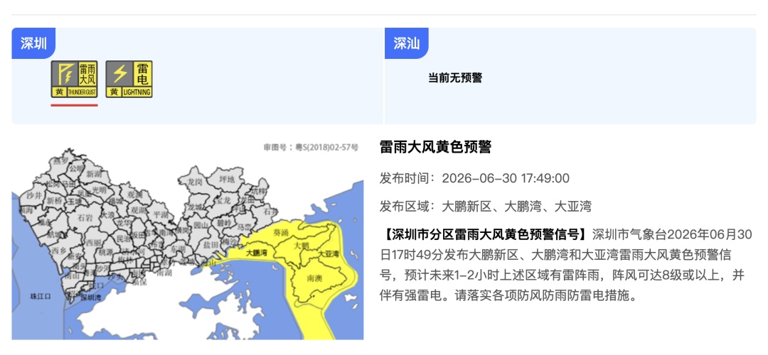 注意！深圳分区雷雨大风黄色预警生效中