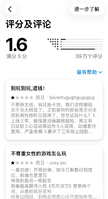 恋与深空评分跌至1.6