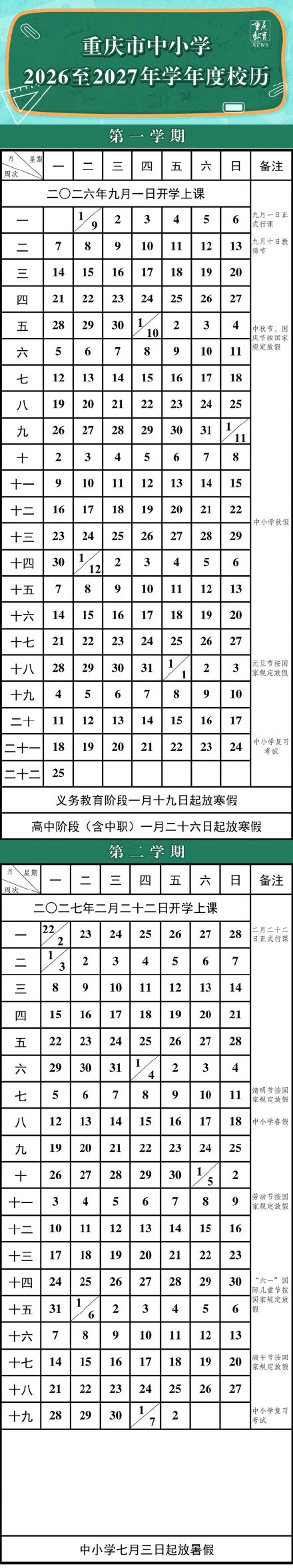 重庆新学年开学、寒暑假时间定了 重庆新学年开学、寒暑假时间定了