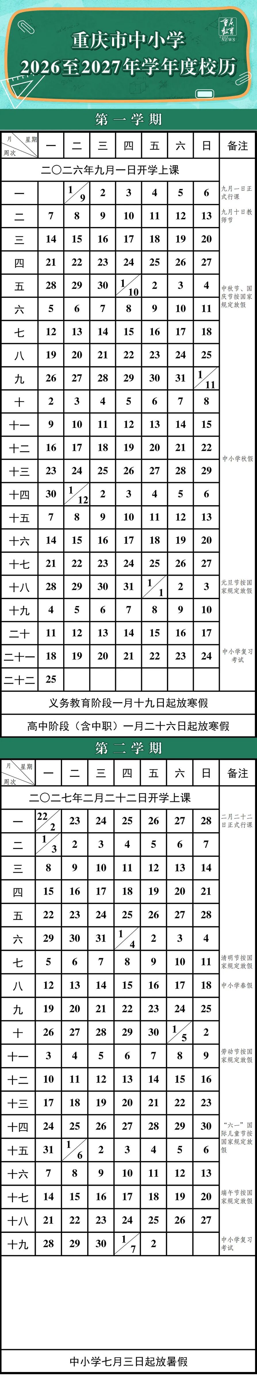 重庆市中小学2026至2027年学年度校历上线→ 重庆市中小学2026至2027年学年度校历上线→