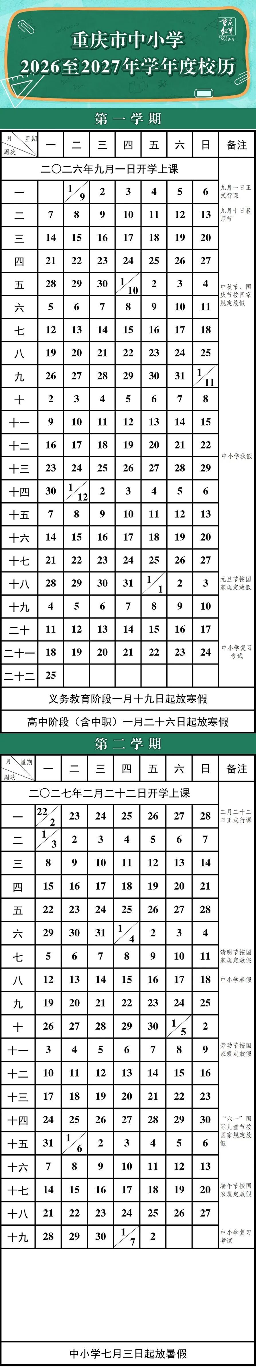 重庆市中小学秋季学期开学时间公布（附新学年校历）