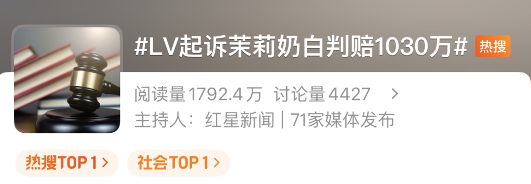 热搜第一！茉莉奶白遭LV起诉，被判赔1030万元，网友热议
