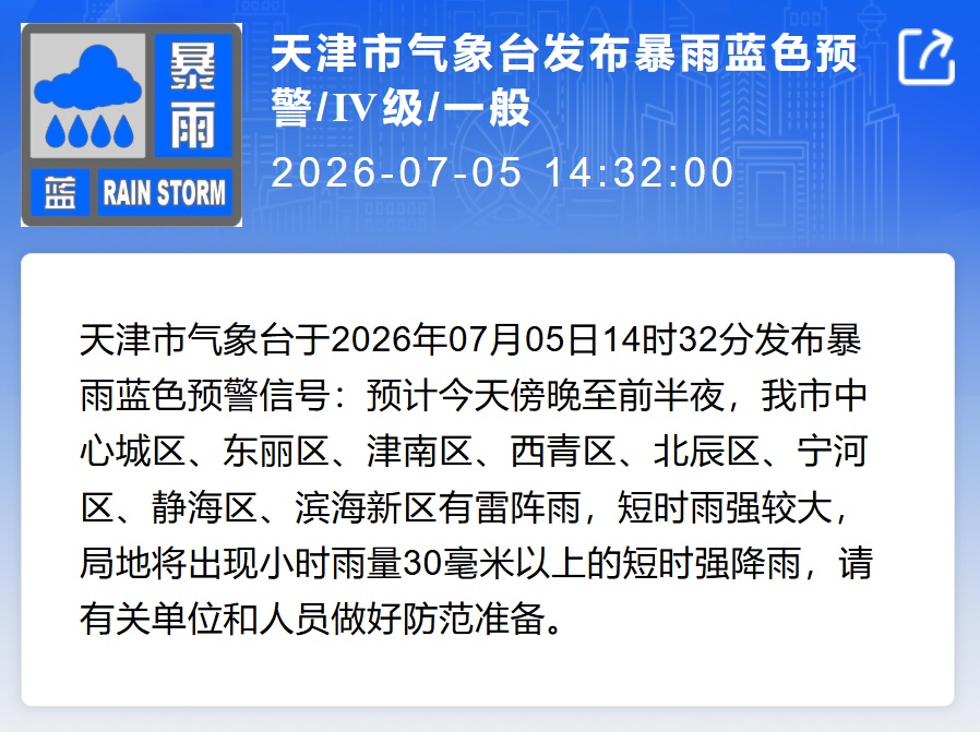天津再发预警!局地短时强降雨! 天津再发预警!局地短时强降雨!