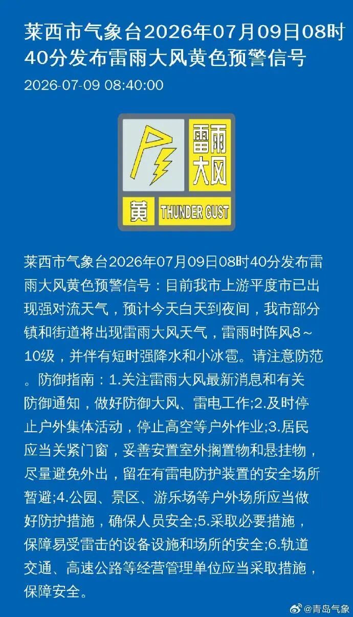 青岛发布强对流黄色预警!请注意防范 青岛发布强对流黄色预警!请注意防范