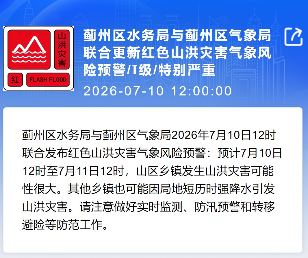 蓟州区更新红色山洪灾害预警! 蓟州区更新红色山洪灾害预警!