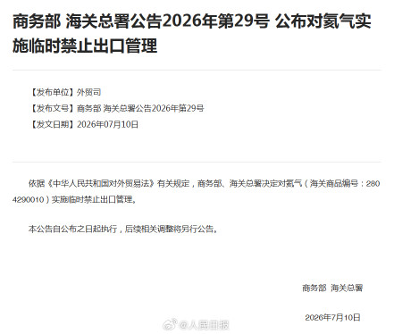 商务部、海关总署:对氦气实施临时禁止出口管理 商务部、海关总署:对氦气实施临时禁止出口管理