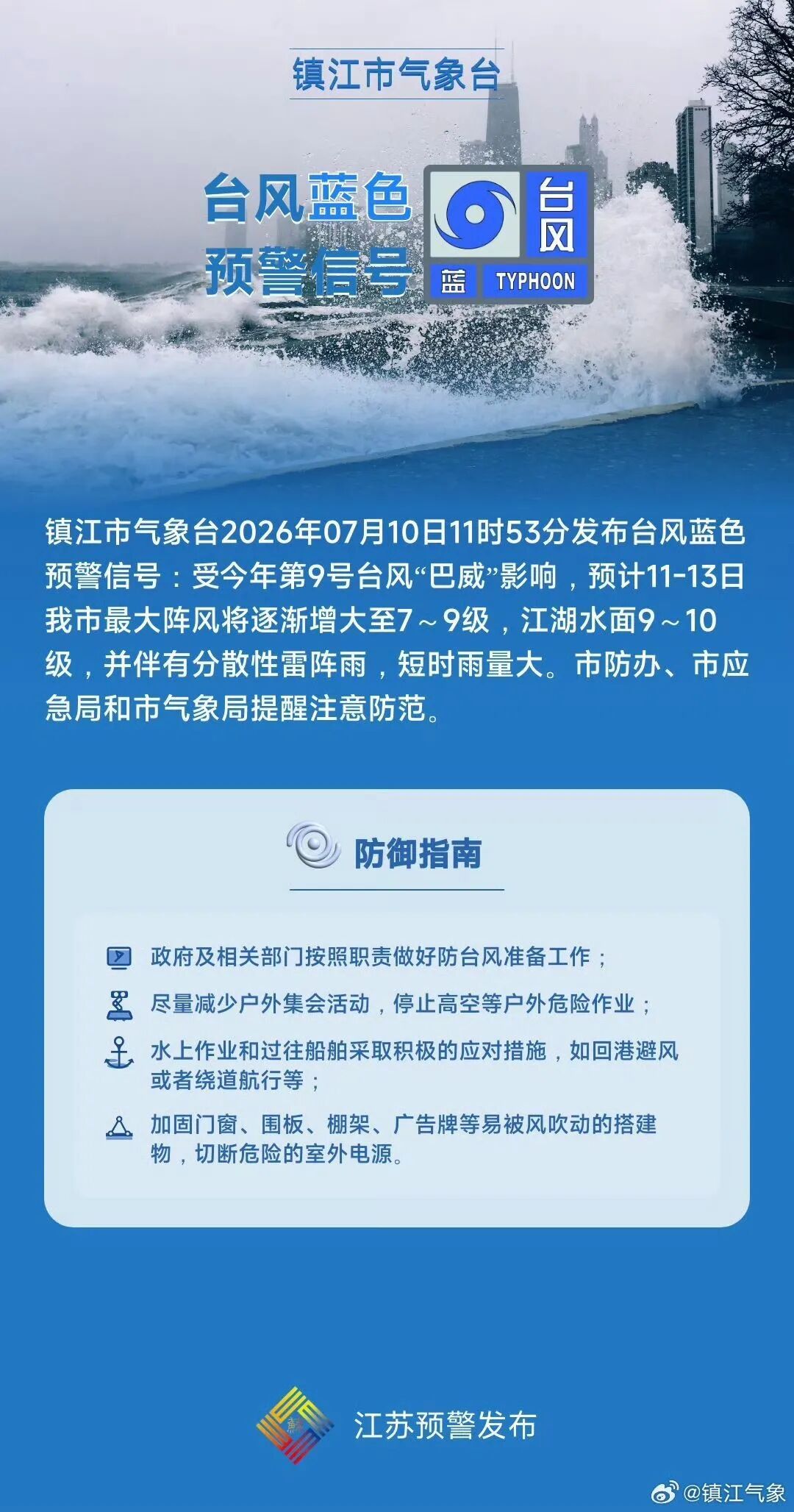 镇江发布台风蓝色预警,启动防台风Ⅳ级应急响应 镇江发布台风蓝色预警,启动防台风Ⅳ级应急响应
