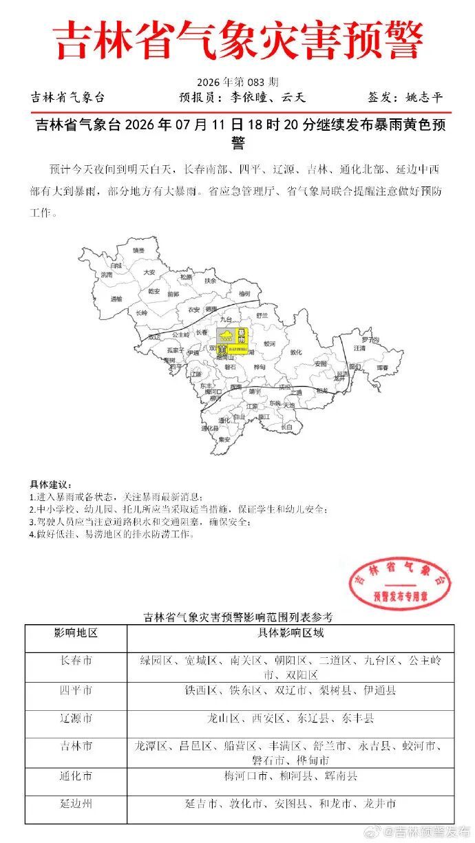 大到暴雨、大暴雨又来了！吉林省继续发布暴雨黄色预警