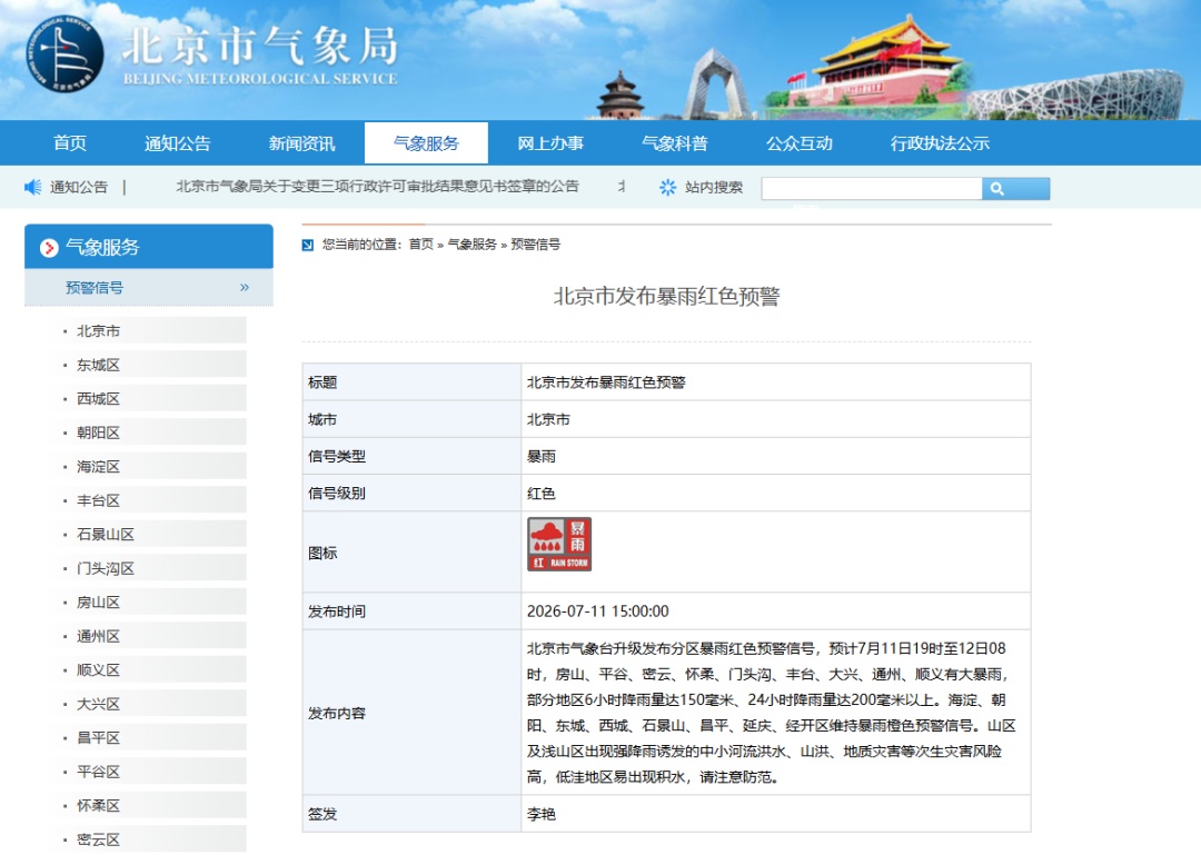 北京9区市民非必要不外出！北京升级发布分区暴雨红色预警！