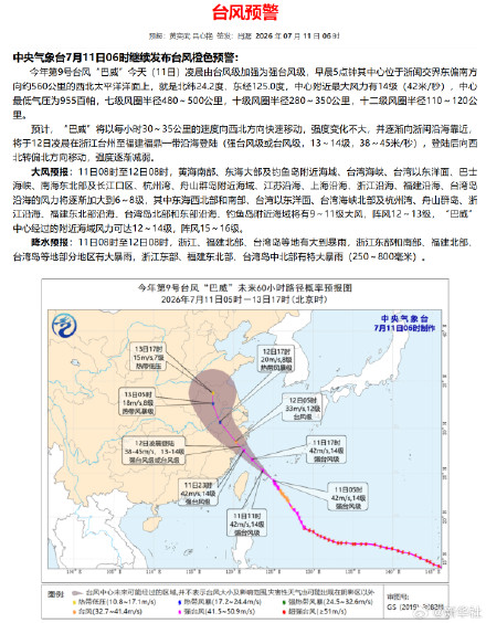 “巴威”将于12日凌晨在浙闽沿海登陆 “巴威”将于12日凌晨在浙闽沿海登陆