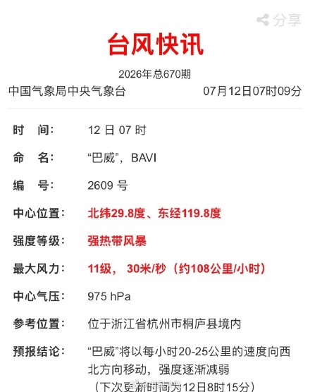 台风巴威进入杭州境内