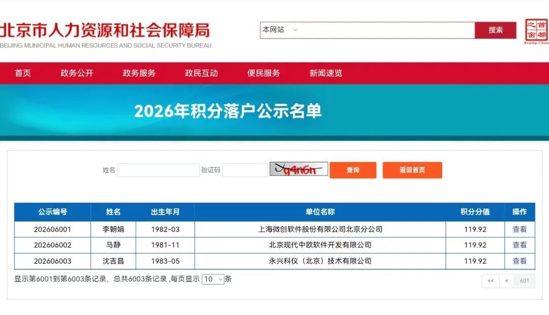 6003人!最低分值119.92分!北京2026年积分落户名单公示 6003人!最低分值119.92分!北京2026年积分落户名单公示