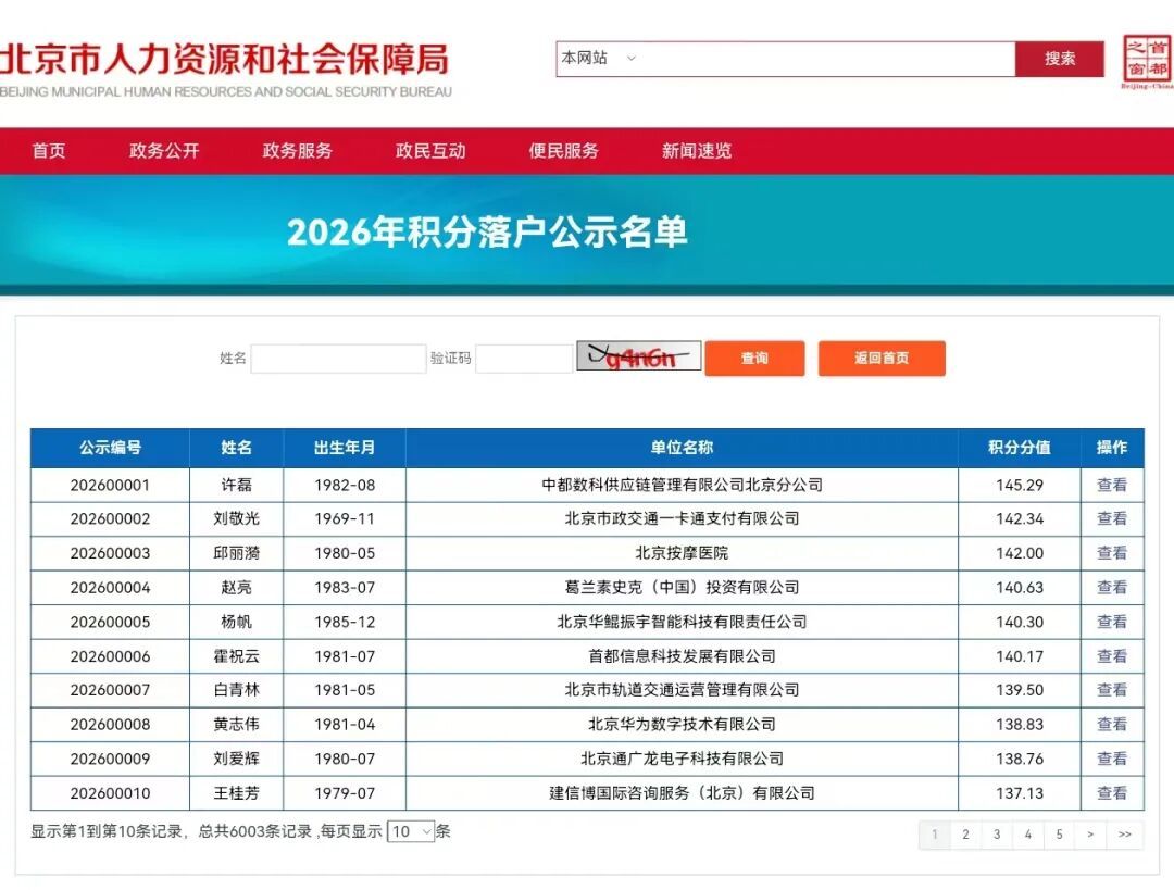 6003人!最低分值119.92分!北京2026年积分落户名单公示 6003人!最低分值119.92分!北京2026年积分落户名单公示