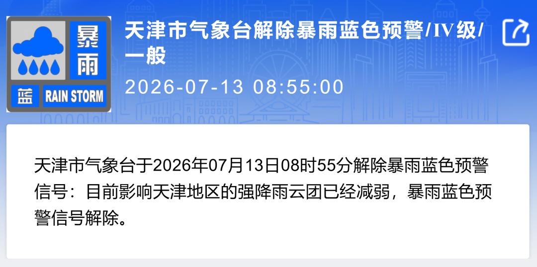 天津解除暴雨蓝色预警 天津解除暴雨蓝色预警