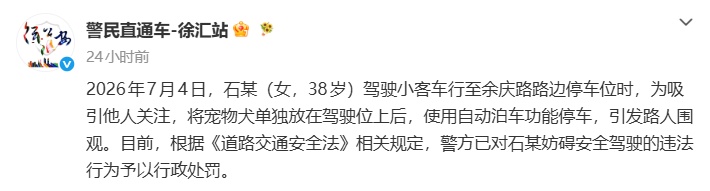 女子将狗单独放在主驾后开启自动泊车，警方：罚200元，记3分