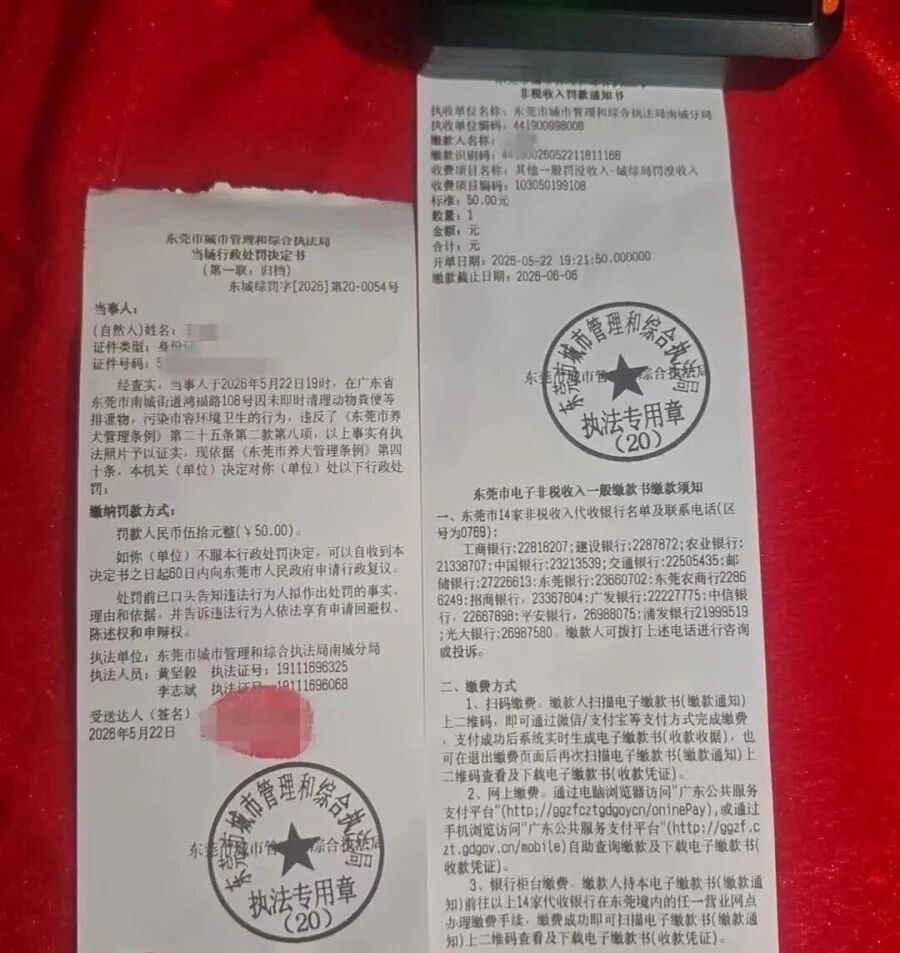 广东一女子遛狗时未及时铲屎,现场被罚50元 广东一女子遛狗时未及时铲屎,现场被罚50元