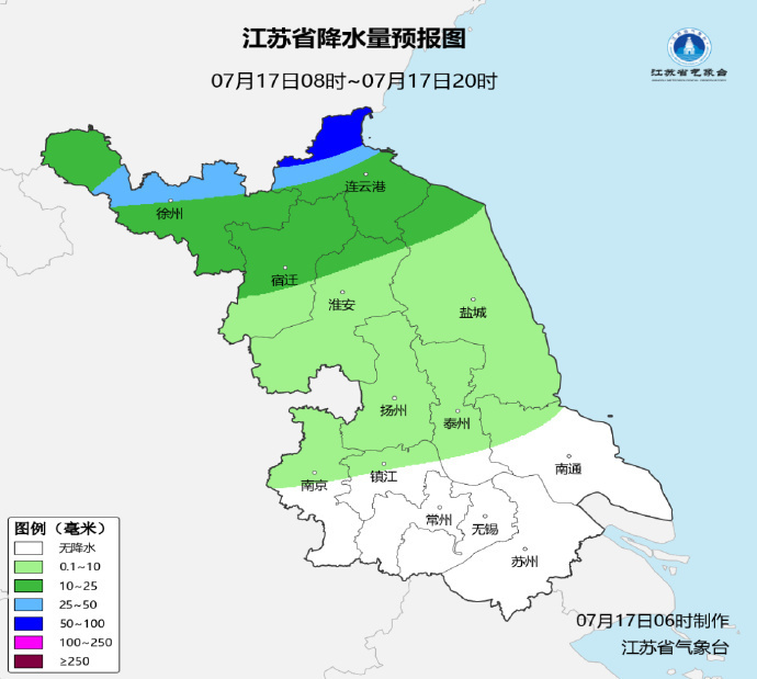 17日淮北和江淮之间有明显降雨，沿江苏南仍有35℃+高温