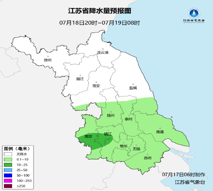 17日淮北和江淮之间有明显降雨，沿江苏南仍有35℃+高温