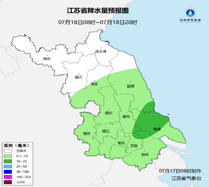 17日淮北和江淮之间有明显降雨，沿江苏南仍有35℃+高温