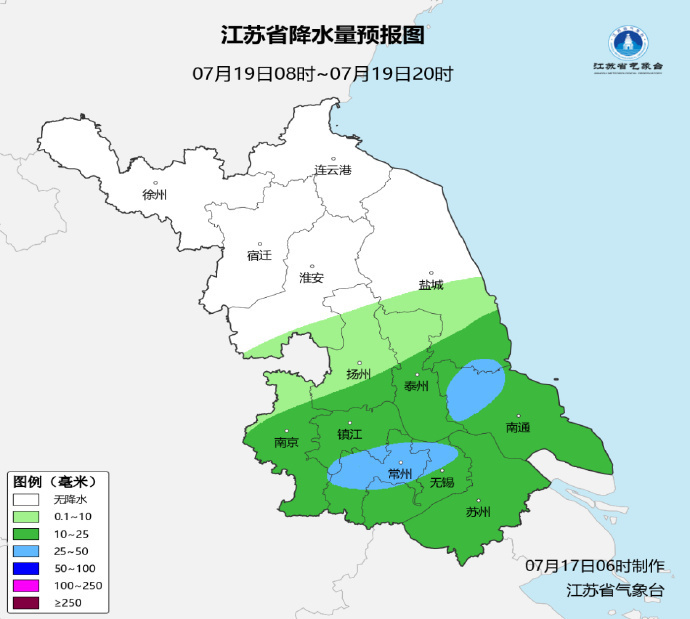 17日淮北和江淮之间有明显降雨，沿江苏南仍有35℃+高温