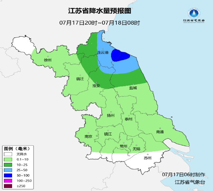 17日淮北和江淮之间有明显降雨，沿江苏南仍有35℃+高温
