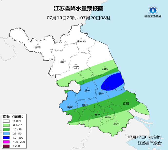 17日淮北和江淮之间有明显降雨，沿江苏南仍有35℃+高温