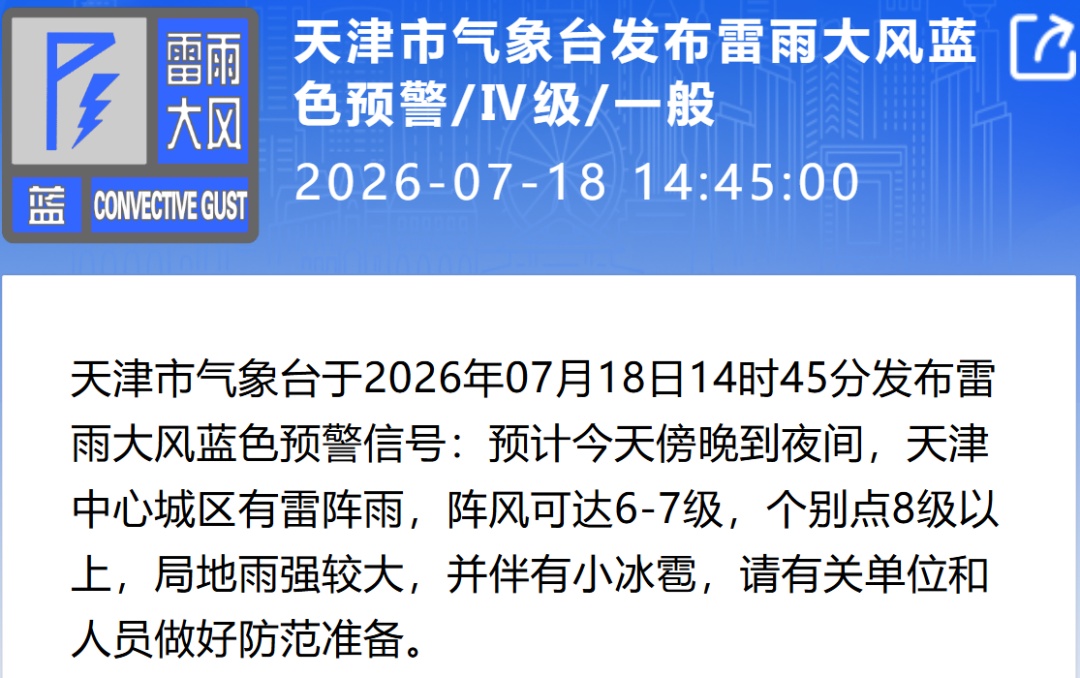 天津发布雷雨大风预警! 天津发布雷雨大风预警!