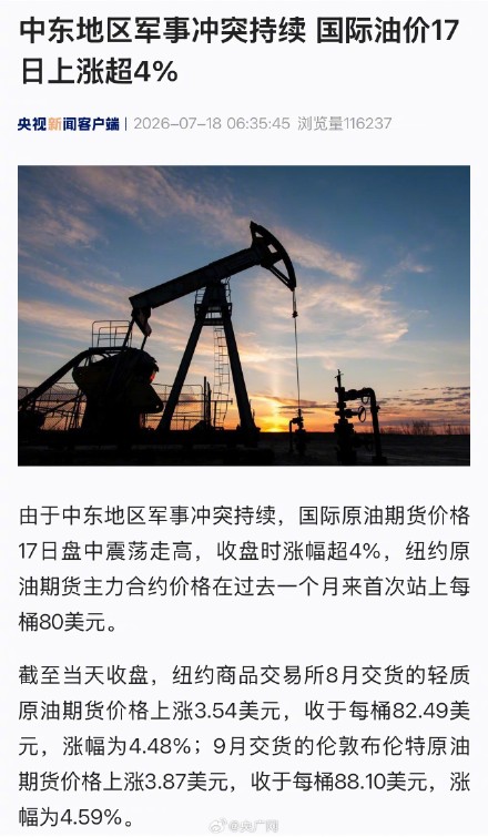 中东地区军事冲突持续 国际油价17日上涨超4%