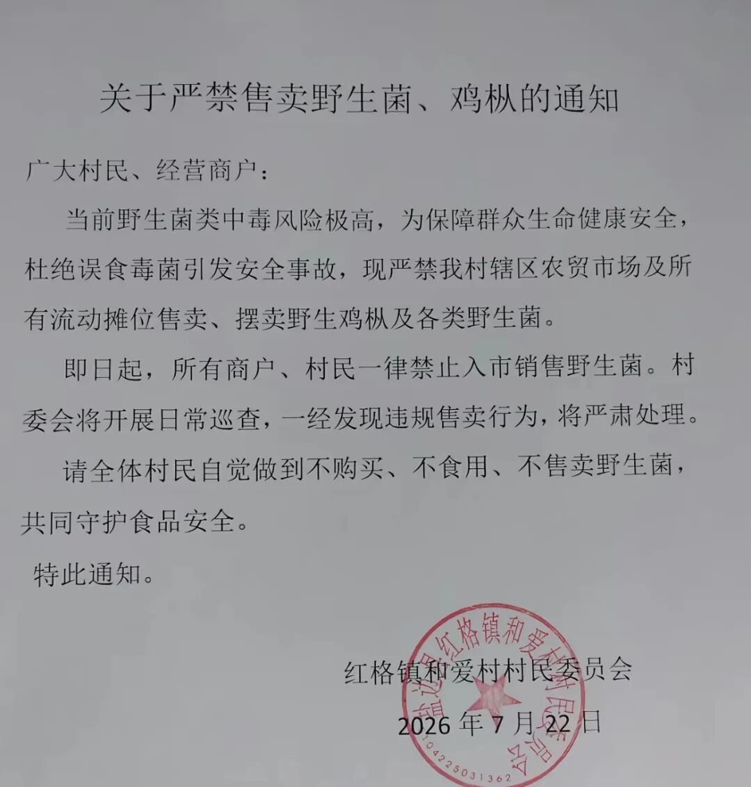 四川攀枝花一村发通知禁止售卖野生菌引热议,当地:吃野生菌中毒的人比较多 四川攀枝花一村发通知禁止售卖野生菌引热议,当地:吃野生菌中毒的人比较多