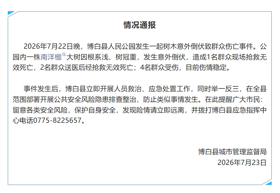 大树倒伏致3人遇难，广西博白通报