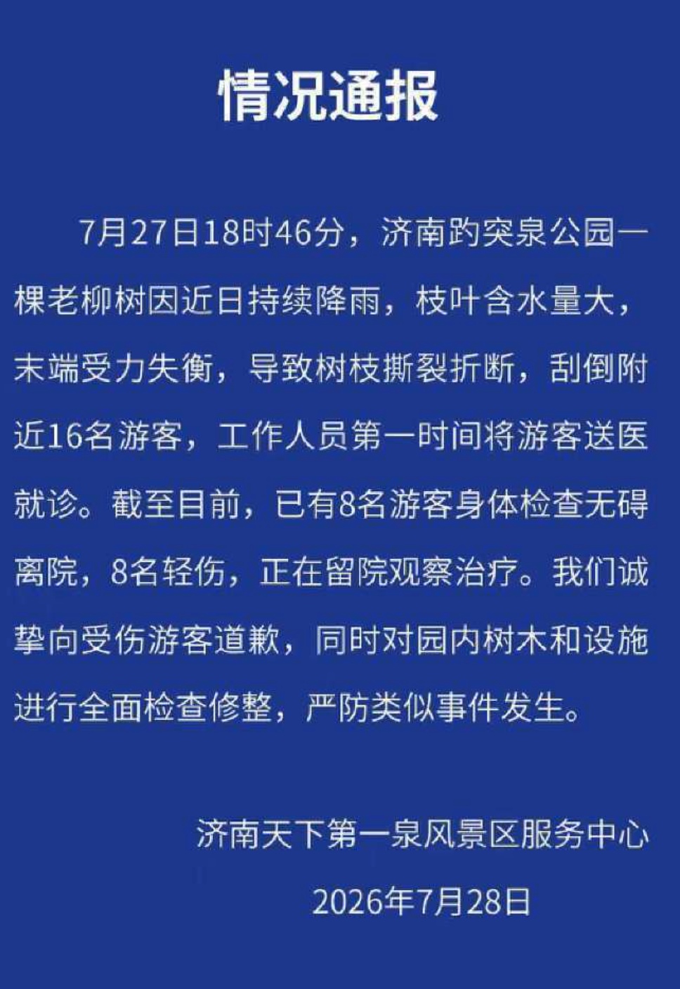 济南趵突泉通报：公园一棵老柳树折断，刮倒16名游客，致8名游客轻伤