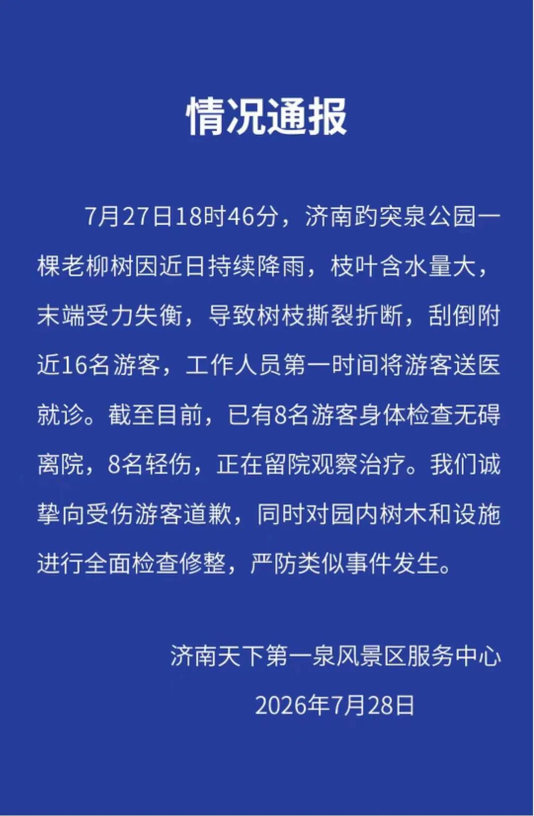 济南趵突泉公园一棵柳树树枝撕裂折断，刮倒16名游客，其中8人轻伤留院观察，景区致歉