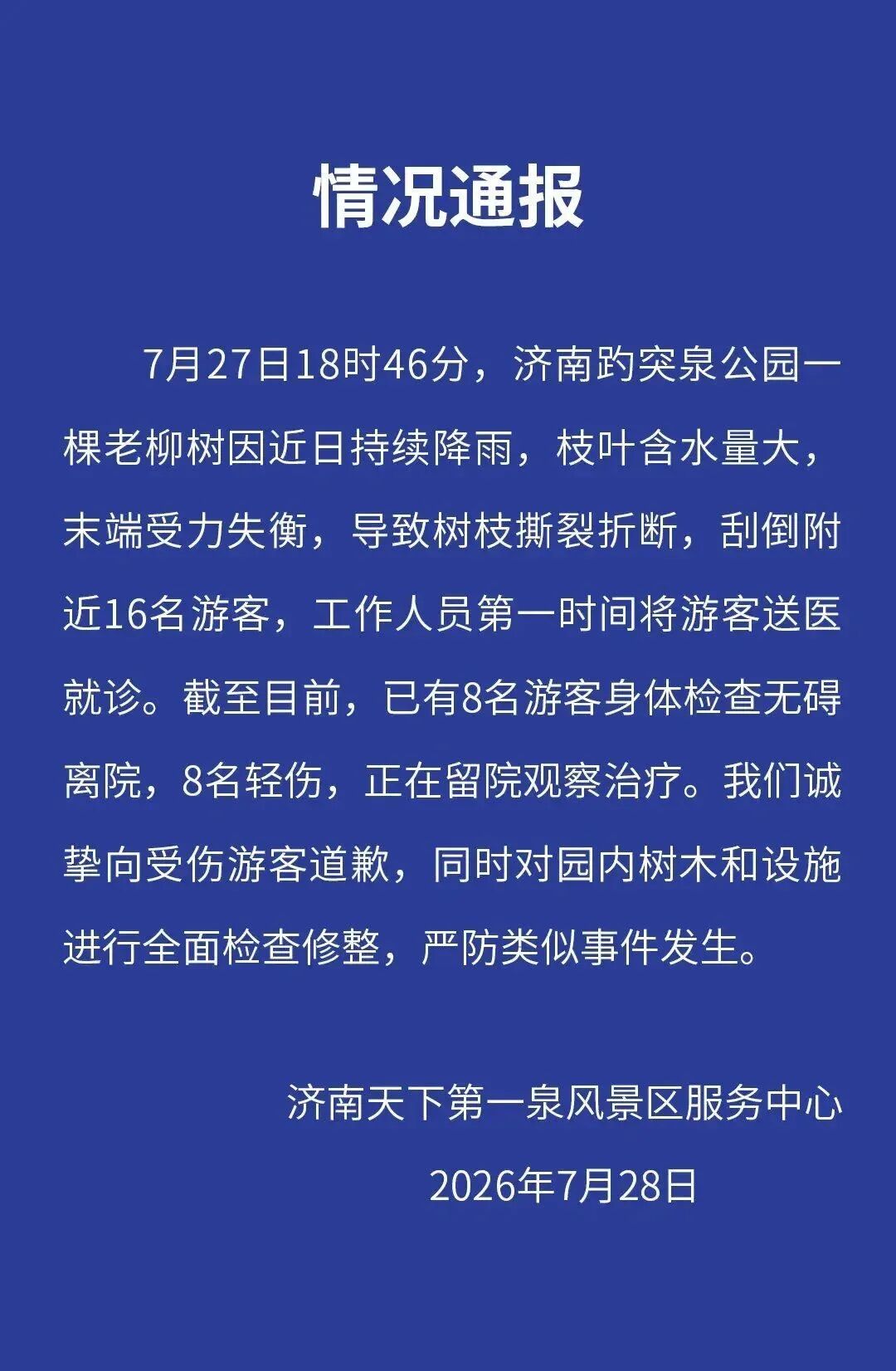 大树折断刮倒16名游客，趵突泉景区通报
