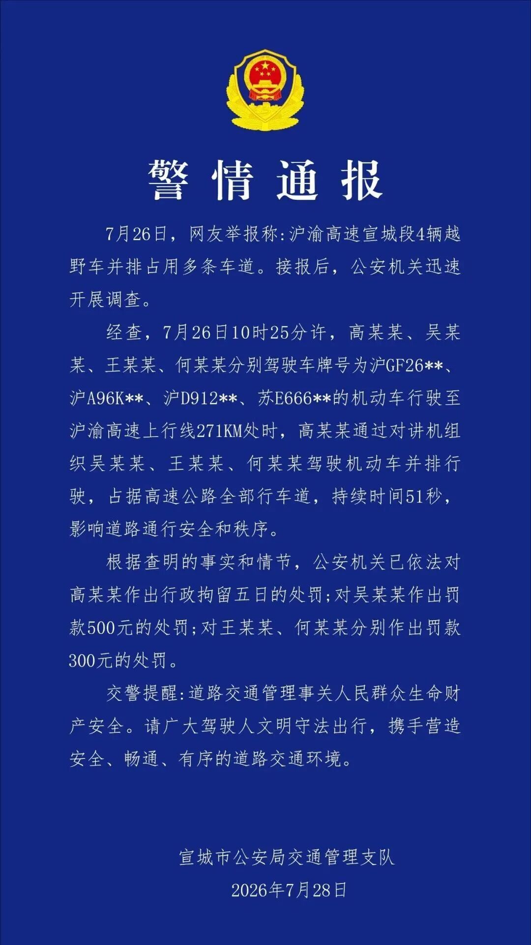 警方通报“4辆越野车高速并行”，其中3辆为沪牌，一驾驶员被行政拘留5日