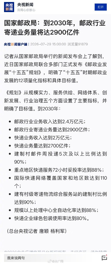 国家邮政局：到2030年，邮政行业寄递业务量将达2900亿件