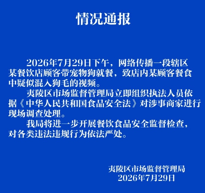 餐饮店有人带宠物狗就餐,狗毛疑飘进他人碗中,湖北宜昌通报 餐饮店有人带宠物狗就餐,狗毛疑飘进他人碗中,湖北宜昌通报
